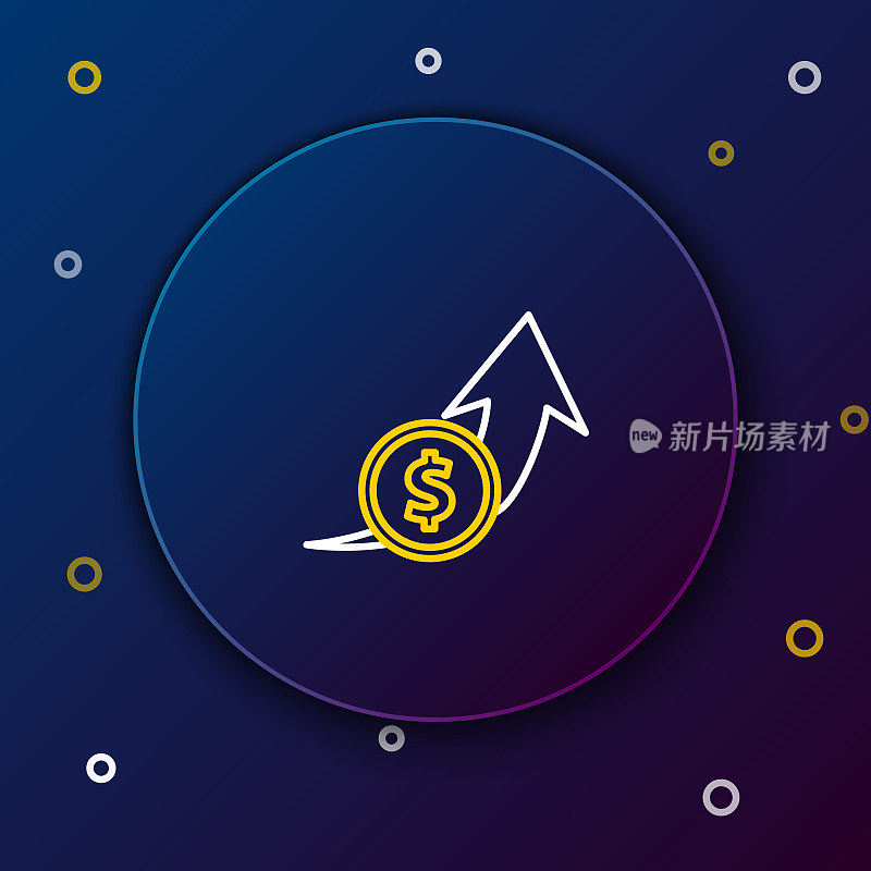 Line Financial growth and coin icon isolated on blue background。增加收入。色彩斑斓的轮廓的概念。向量